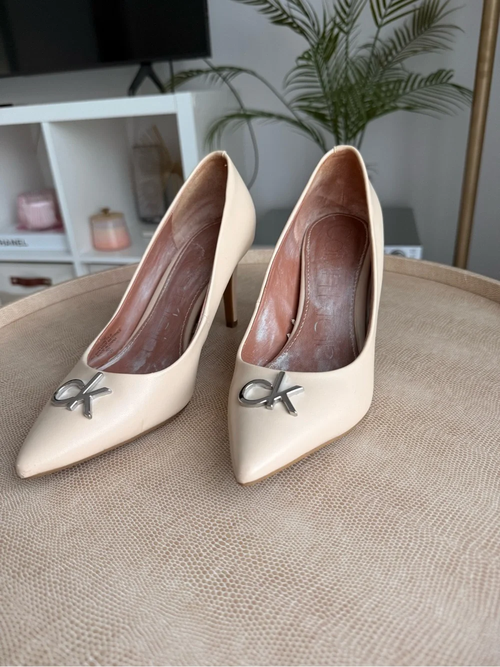 Calvin Klein Nude Pointed-Toe Logo Stiletto Pumps